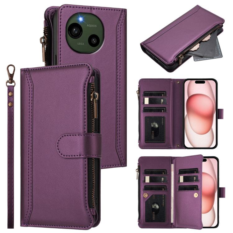 Magnetic Closure 9 Card Slots Zipper Leather Case with Hand Strap, For Sharp Aquos wish6, For Sharp Aquos R11, For Sharp Aquos Sense10, For Sharp Aquos R10, For Sharp Aquos wish5, For Sharp Aquos sense9 Plus, For Sharp Aquos sense9, For Sharp Aquos R9 ...