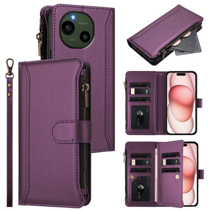 Magnetic Closure 9 Card Slots Zipper Leather Case with Hand Strap, For Sharp Aquos wish6, For Sharp Aquos R11, For Sharp Aquos Sense10, For Sharp Aquos R10, For Sharp Aquos wish5, For Sharp Aquos sense9 Plus, For Sharp Aquos sense9, For Sharp Aquos R9 ...