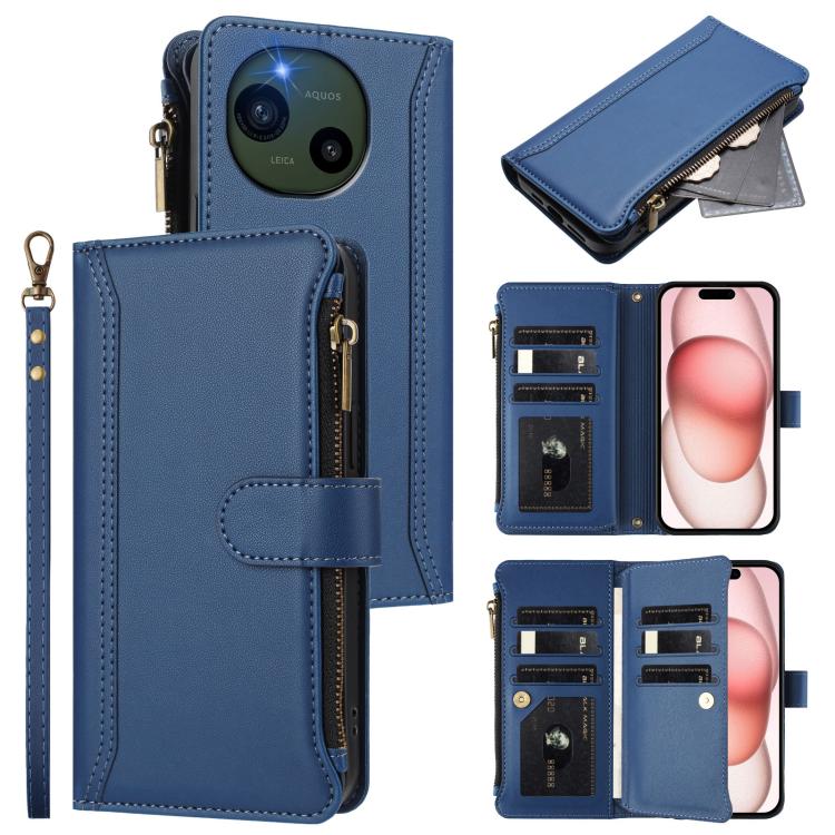 Magnetic Closure 9 Card Slots Zipper Leather Case with Hand Strap, For Sharp Aquos wish6, For Sharp Aquos R11, For Sharp Aquos Sense10, For Sharp Aquos R10, For Sharp Aquos wish5, For Sharp Aquos sense9 Plus, For Sharp Aquos sense9, For Sharp Aquos R9 ...