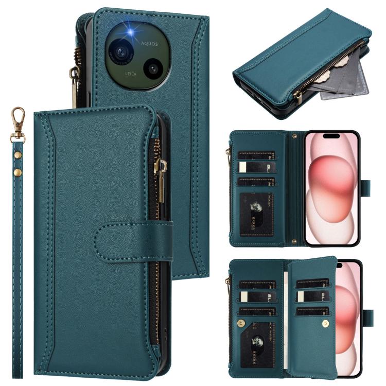 Magnetic Closure 9 Card Slots Zipper Leather Case with Hand Strap, For Sharp Aquos wish6, For Sharp Aquos R11, For Sharp Aquos Sense10, For Sharp Aquos R10, For Sharp Aquos wish5, For Sharp Aquos sense9 Plus, For Sharp Aquos sense9, For Sharp Aquos R9 ...
