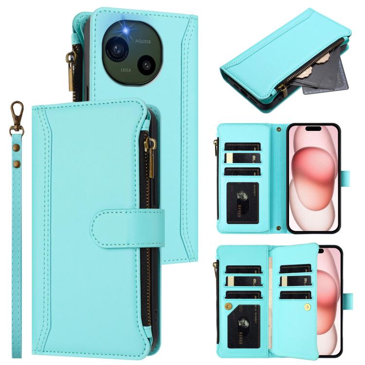 Magnetic Closure 9 Card Slots Zipper Leather Case with Hand Strap, For Sharp Aquos wish6, For Sharp Aquos R11, For Sharp Aquos Sense10, For Sharp Aquos R10, For Sharp Aquos wish5, For Sharp Aquos sense9 Plus, For Sharp Aquos sense9, For Sharp Aquos R9 ...