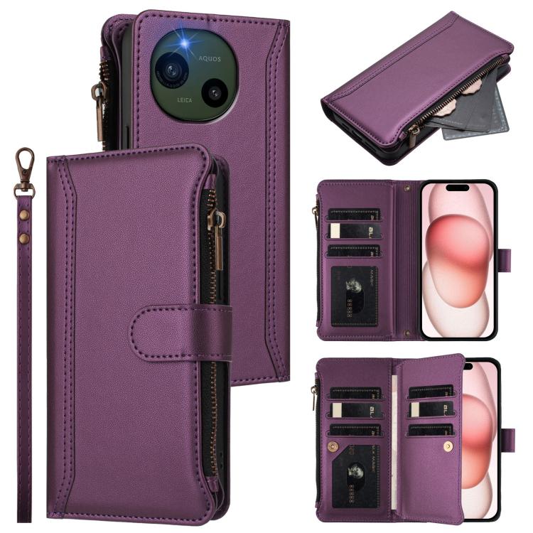 Magnetic Closure 9 Card Slots Zipper Leather Case with Hand Strap, For Sharp Aquos wish6, For Sharp Aquos R11, For Sharp Aquos Sense10, For Sharp Aquos R10, For Sharp Aquos wish5, For Sharp Aquos sense9 Plus, For Sharp Aquos sense9, For Sharp Aquos R9 ...