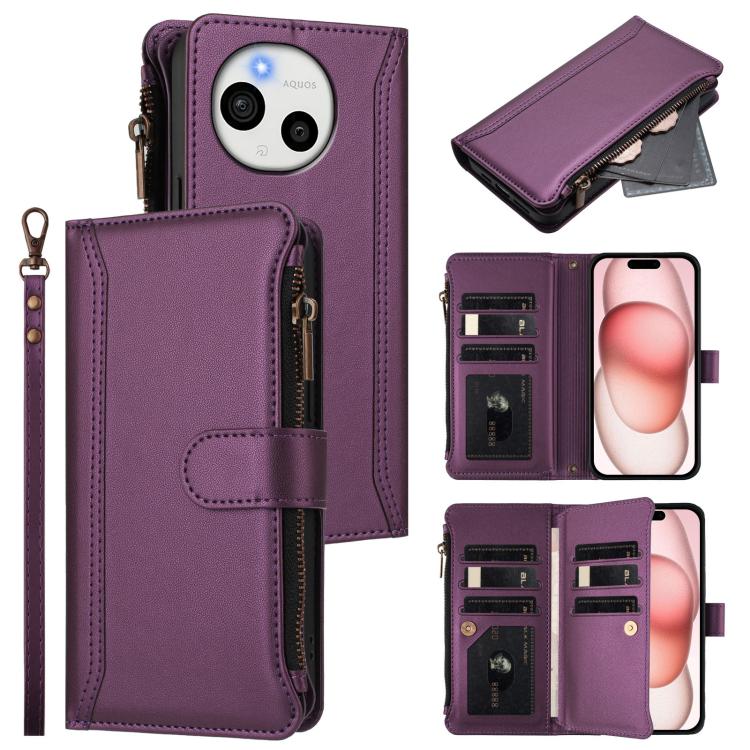 Magnetic Closure 9 Card Slots Zipper Leather Case with Hand Strap, For Sharp Aquos wish6, For Sharp Aquos R11, For Sharp Aquos Sense10, For Sharp Aquos R10, For Sharp Aquos wish5, For Sharp Aquos sense9 Plus, For Sharp Aquos sense9, For Sharp Aquos R9 ...