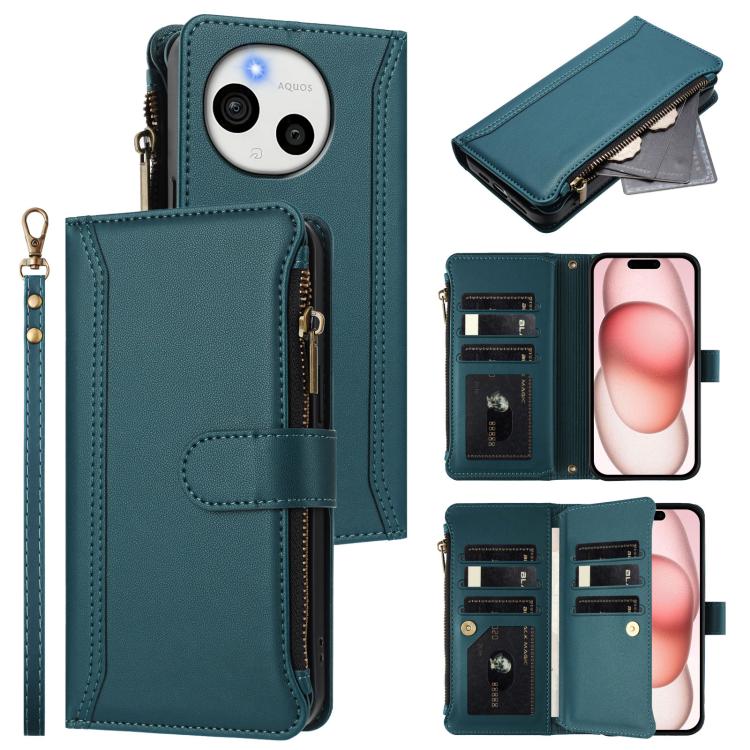 Magnetic Closure 9 Card Slots Zipper Leather Case with Hand Strap, For Sharp Aquos wish6, For Sharp Aquos R11, For Sharp Aquos Sense10, For Sharp Aquos R10, For Sharp Aquos wish5, For Sharp Aquos sense9 Plus, For Sharp Aquos sense9, For Sharp Aquos R9 ...