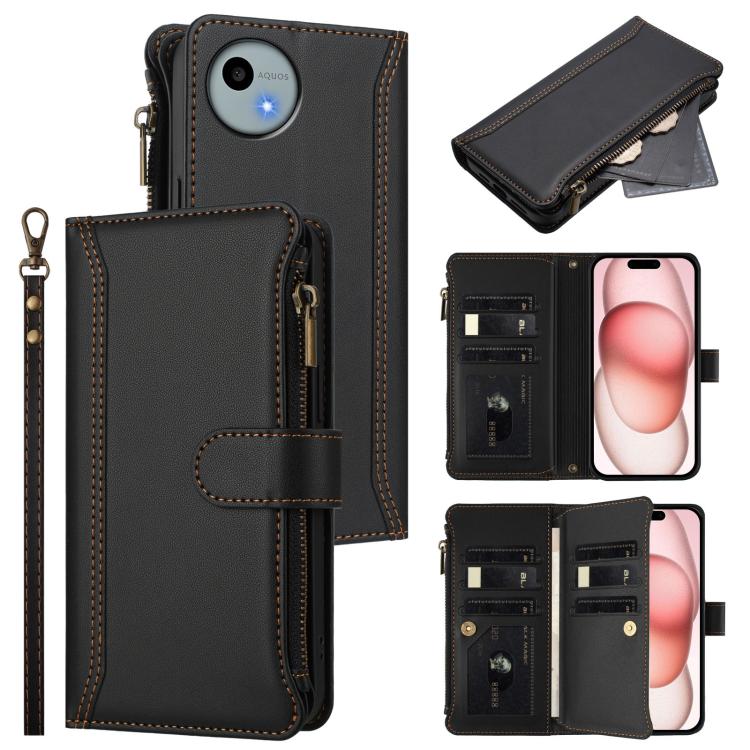 Magnetic Closure 9 Card Slots Zipper Leather Case with Hand Strap, For Sharp Aquos wish6, For Sharp Aquos R11, For Sharp Aquos Sense10, For Sharp Aquos R10, For Sharp Aquos wish5, For Sharp Aquos sense9 Plus, For Sharp Aquos sense9, For Sharp Aquos R9 ...