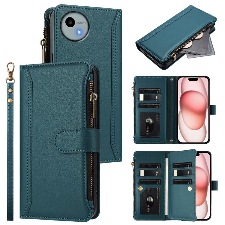 Magnetic Closure 9 Card Slots Zipper Leather Case with Hand Strap, For Sharp Aquos wish6, For Sharp Aquos R11, For Sharp Aquos Sense10, For Sharp Aquos R10, For Sharp Aquos wish5, For Sharp Aquos sense9 Plus, For Sharp Aquos sense9, For Sharp Aquos R9 ...