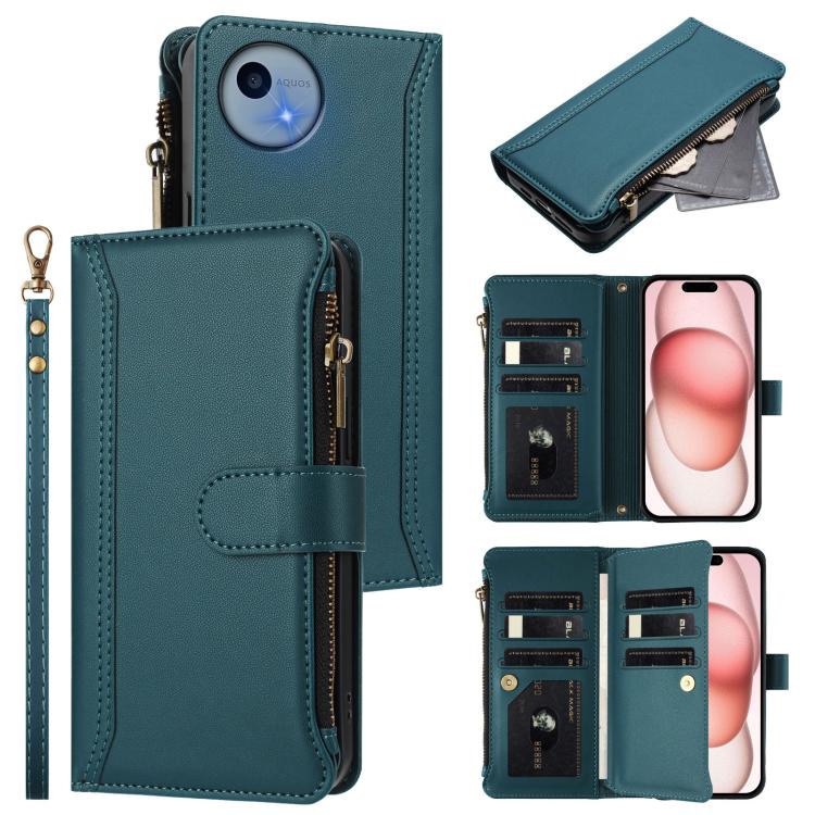 Magnetic Closure 9 Card Slots Zipper Leather Case with Hand Strap, For Sharp Aquos wish6, For Sharp Aquos R11, For Sharp Aquos Sense10, For Sharp Aquos R10, For Sharp Aquos wish5, For Sharp Aquos sense9 Plus, For Sharp Aquos sense9, For Sharp Aquos R9 ...