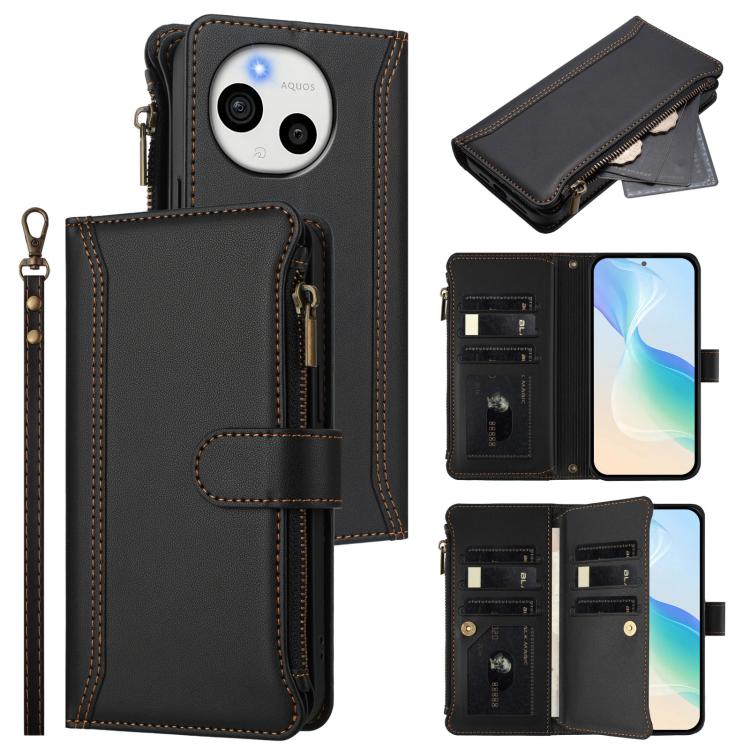 Magnetic Closure 9 Card Slots Zipper Leather Case with Hand Strap, For Sharp Aquos wish6, For Sharp Aquos R11, For Sharp Aquos Sense10, For Sharp Aquos R10, For Sharp Aquos wish5, For Sharp Aquos sense9 Plus, For Sharp Aquos sense9, For Sharp Aquos R9 ...