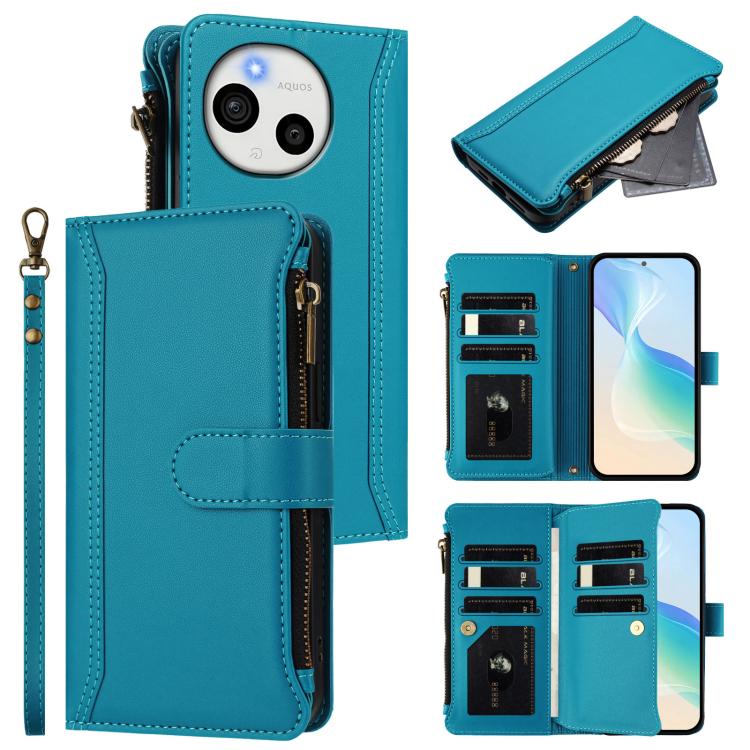 Magnetic Closure 9 Card Slots Zipper Leather Case with Hand Strap, For Sharp Aquos wish6, For Sharp Aquos R11, For Sharp Aquos Sense10, For Sharp Aquos R10, For Sharp Aquos wish5, For Sharp Aquos sense9 Plus, For Sharp Aquos sense9, For Sharp Aquos R9 ...