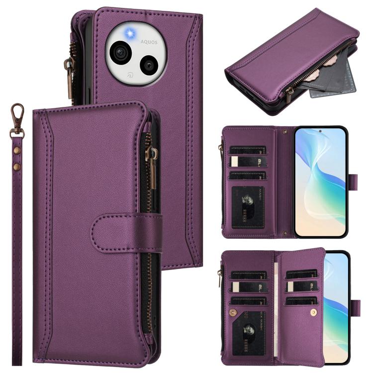 Magnetic Closure 9 Card Slots Zipper Leather Case with Hand Strap, For Sharp Aquos wish6, For Sharp Aquos R11, For Sharp Aquos Sense10, For Sharp Aquos R10, For Sharp Aquos wish5, For Sharp Aquos sense9 Plus, For Sharp Aquos sense9, For Sharp Aquos R9 ...