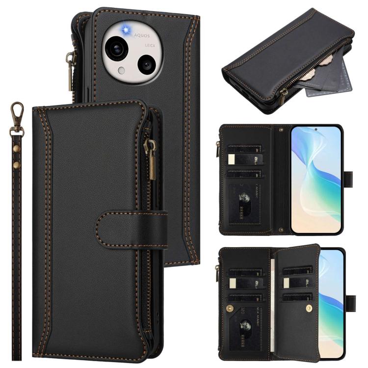 Magnetic Closure 9 Card Slots Zipper Leather Case with Hand Strap, For Sharp Aquos wish6, For Sharp Aquos R11, For Sharp Aquos Sense10, For Sharp Aquos R10, For Sharp Aquos wish5, For Sharp Aquos sense9 Plus, For Sharp Aquos sense9, For Sharp Aquos R9 ...