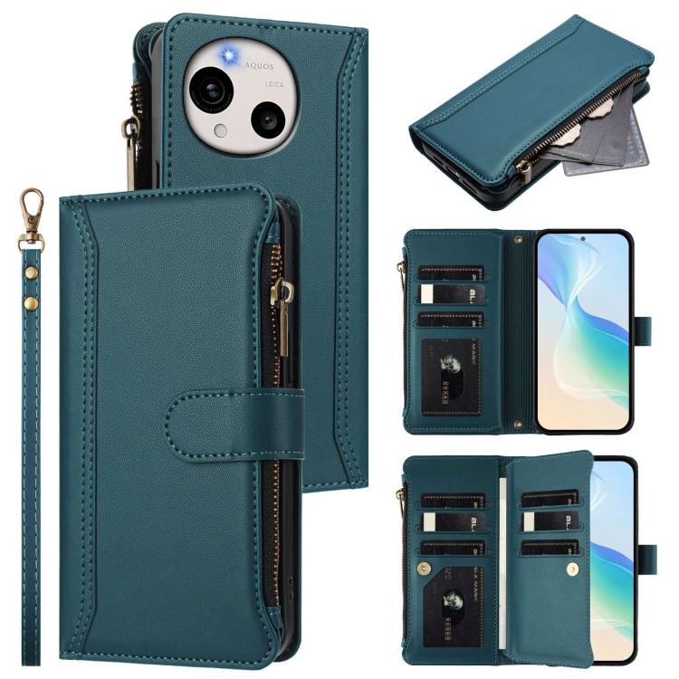 Magnetic Closure 9 Card Slots Zipper Leather Case with Hand Strap, For Sharp Aquos wish6, For Sharp Aquos R11, For Sharp Aquos Sense10, For Sharp Aquos R10, For Sharp Aquos wish5, For Sharp Aquos sense9 Plus, For Sharp Aquos sense9, For Sharp Aquos R9 ...