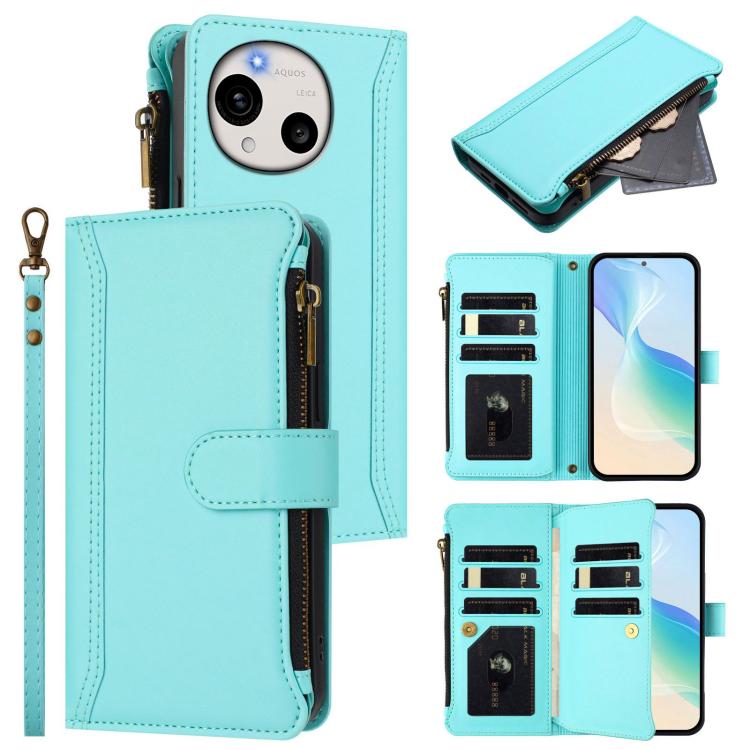 Magnetic Closure 9 Card Slots Zipper Leather Case with Hand Strap, For Sharp Aquos wish6, For Sharp Aquos R11, For Sharp Aquos Sense10, For Sharp Aquos R10, For Sharp Aquos wish5, For Sharp Aquos sense9 Plus, For Sharp Aquos sense9, For Sharp Aquos R9 ...