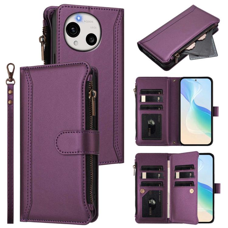 Magnetic Closure 9 Card Slots Zipper Leather Case with Hand Strap, For Sharp Aquos wish6, For Sharp Aquos R11, For Sharp Aquos Sense10, For Sharp Aquos R10, For Sharp Aquos wish5, For Sharp Aquos sense9 Plus, For Sharp Aquos sense9, For Sharp Aquos R9 ...