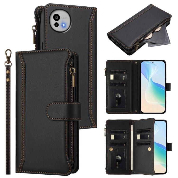 Magnetic Closure 9 Card Slots Zipper Leather Case with Hand Strap, For Sharp Aquos wish6, For Sharp Aquos R11, For Sharp Aquos Sense10, For Sharp Aquos R10, For Sharp Aquos wish5, For Sharp Aquos sense9 Plus, For Sharp Aquos sense9, For Sharp Aquos R9 ...