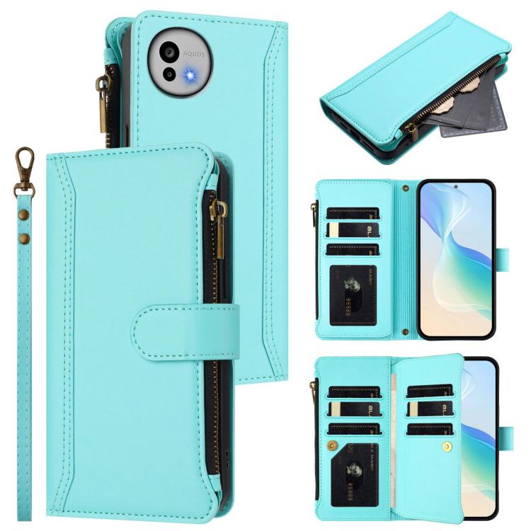 Magnetic Closure 9 Card Slots Zipper Leather Case with Hand Strap, For Sharp Aquos wish6, For Sharp Aquos R11, For Sharp Aquos Sense10, For Sharp Aquos R10, For Sharp Aquos wish5, For Sharp Aquos sense9 Plus, For Sharp Aquos sense9, For Sharp Aquos R9 ...