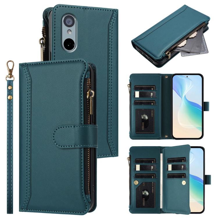 Magnetic Closure 9 Card Slots Zipper Leather Case with Hand Strap, For Sharp Aquos wish6, For Sharp Aquos R11, For Sharp Aquos Sense10, For Sharp Aquos R10, For Sharp Aquos wish5, For Sharp Aquos sense9 Plus, For Sharp Aquos sense9, For Sharp Aquos R9 ...