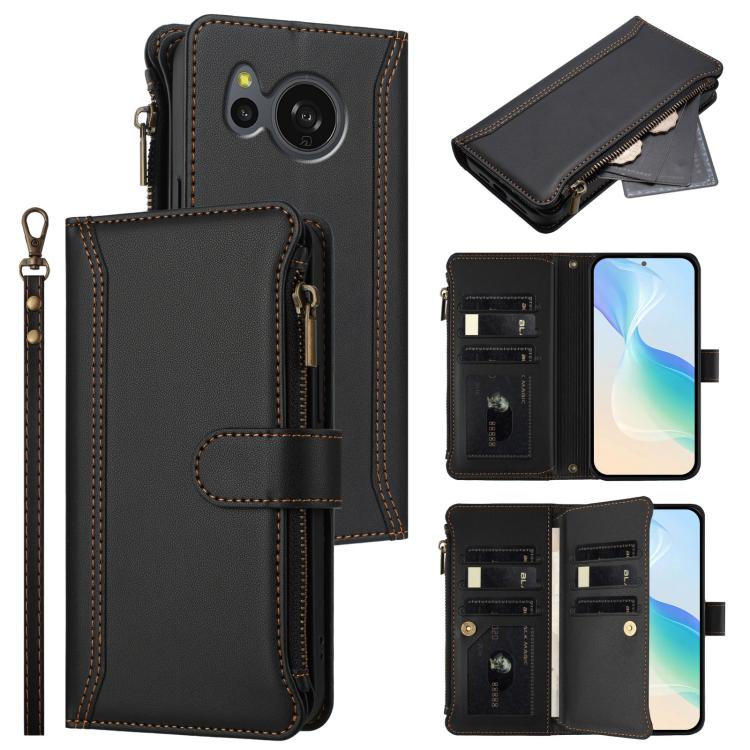 Magnetic Closure 9 Card Slots Zipper Leather Case with Hand Strap, For Sharp Aquos wish6, For Sharp Aquos R11, For Sharp Aquos Sense10, For Sharp Aquos R10, For Sharp Aquos wish5, For Sharp Aquos sense9 Plus, For Sharp Aquos sense9, For Sharp Aquos R9 ...