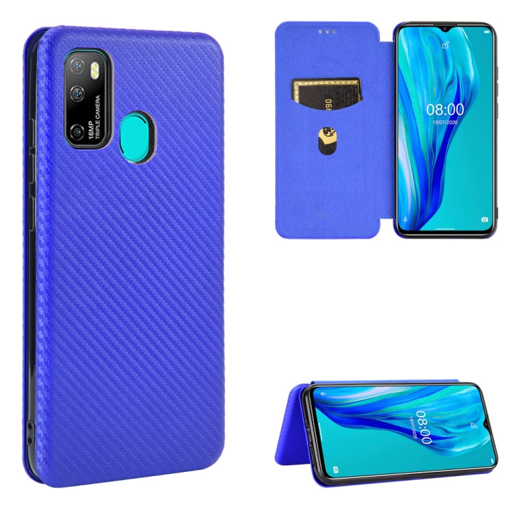 Blue carbon fiber textured magnetic flip phone case with card slot and landscape stand