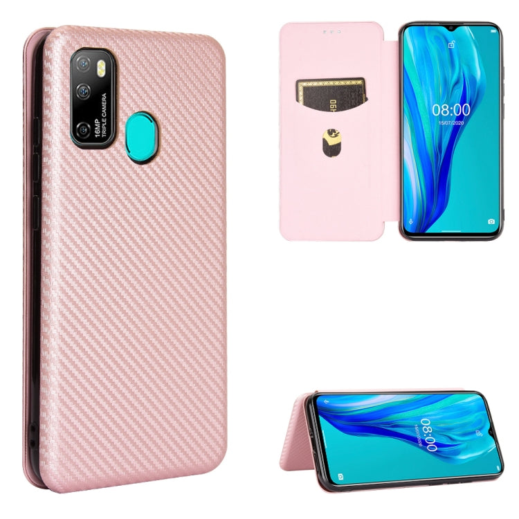 Pink carbon fiber textured magnetic flip phone case with card slot and phone display