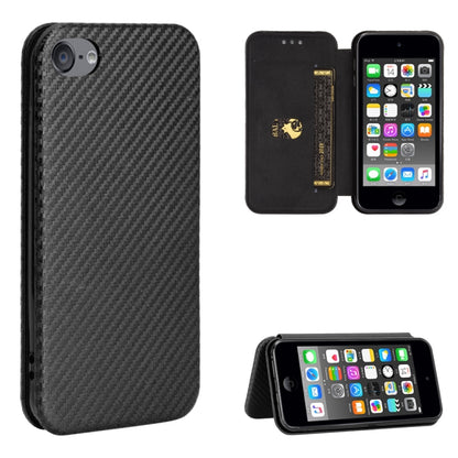 Black carbon fiber texture magnetic flip phone case with card slot; back cover and open flap shown.