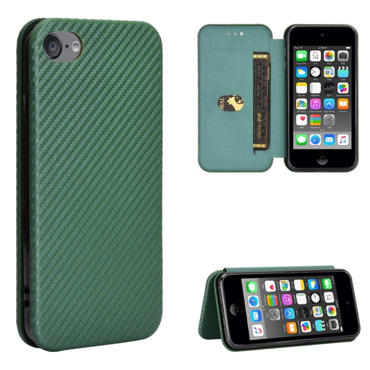 Dark green carbon fiber texture magnetic flip phone case with card slot; back and open flap shown.