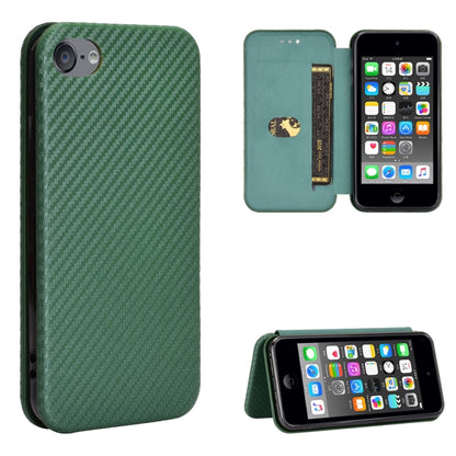 Dark green carbon fiber texture magnetic flip phone case with card slot; back and open flap shown.