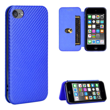 Blue carbon fiber texture magnetic flip phone case with card slot; back cover and stand view shown.