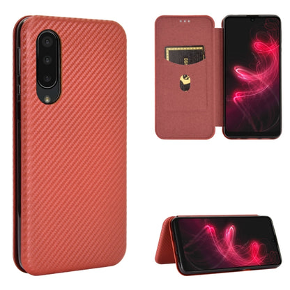 Brown carbon fiber texture magnetic flip phone case with card slot; front flap open showing phone.