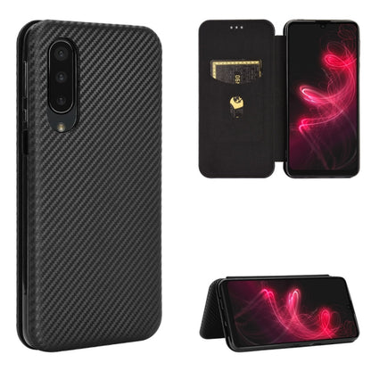 Black carbon fiber texture magnetic flip phone case with card slot; phone shows on open front flap.