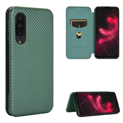 Green carbon fiber texture magnetic flip phone case with card slot; open front flap with phone.