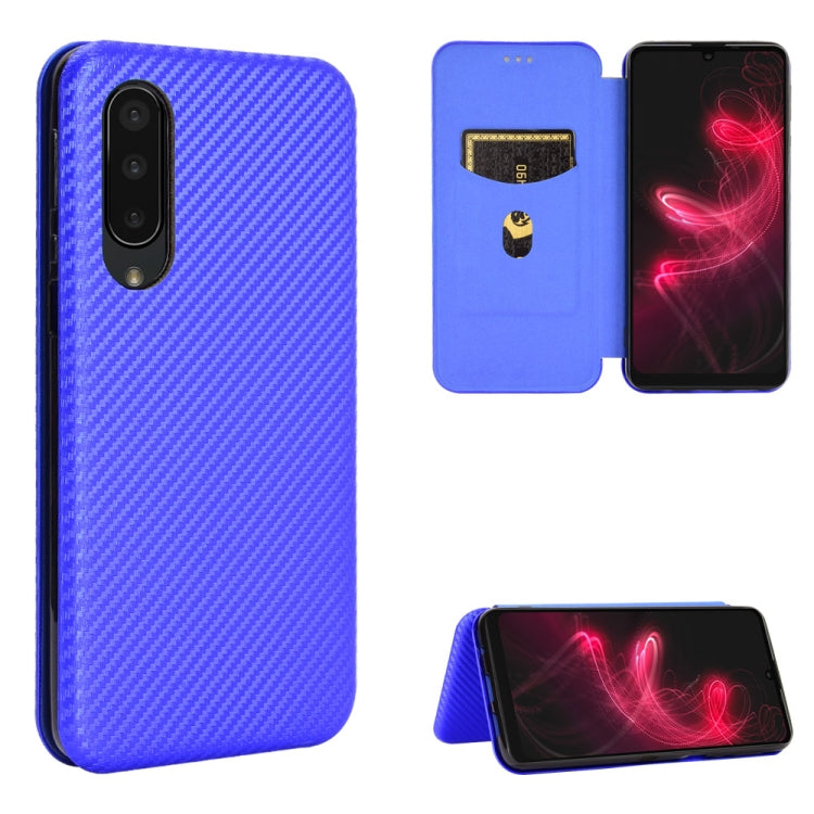 Blue carbon fiber texture magnetic flip phone case with card slot; front flap open with phone.