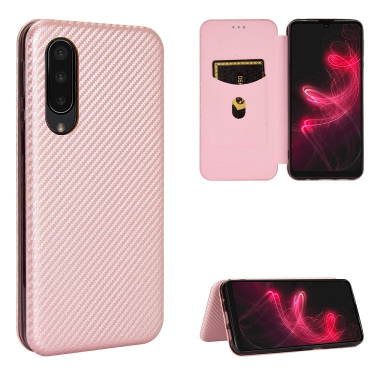 Light pink carbon fiber texture magnetic flip phone case with card slot; open front flap view.