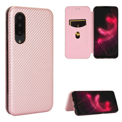 Light pink carbon fiber texture magnetic flip phone case with card slot; open front flap view.