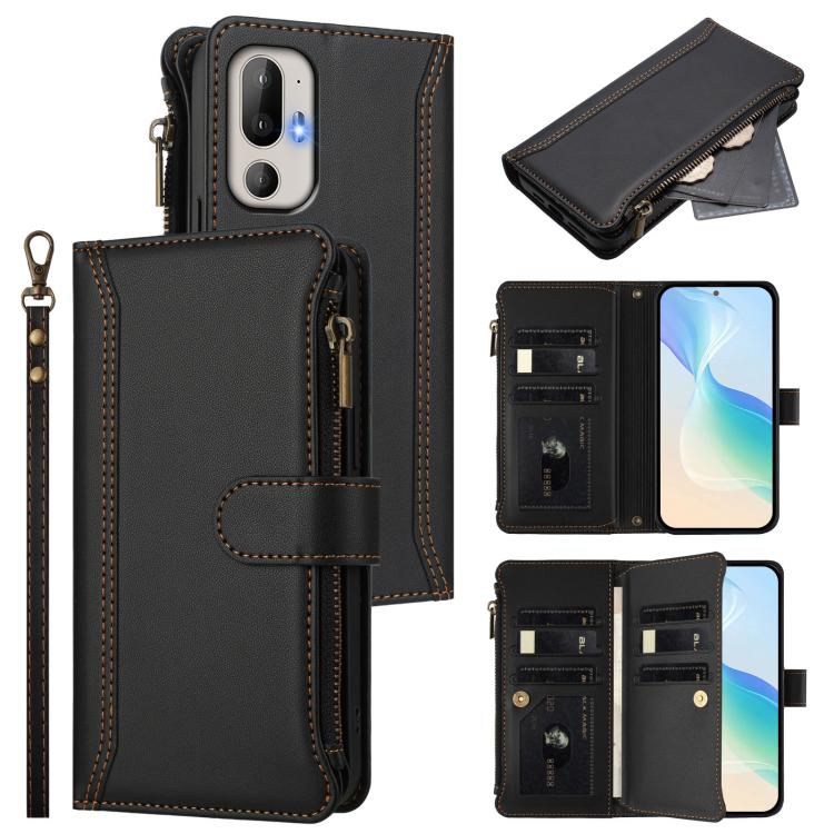 Magnetic Closure 9 Card Slots Zipper Leather Case with Hand Strap, For HTC U24 Pro