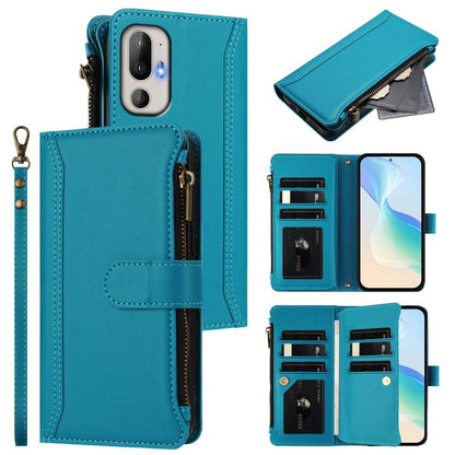 Magnetic Closure 9 Card Slots Zipper Leather Case with Hand Strap, For HTC U24 Pro