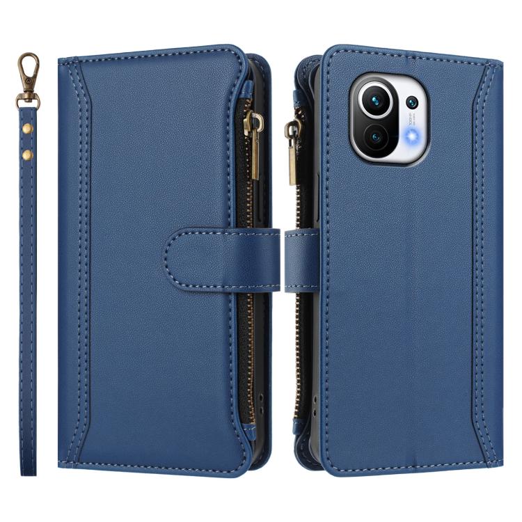 Magnetic Closure 9 Card Slots Zipper Leather Case with Hand Strap, For Xiaomi Mi 11