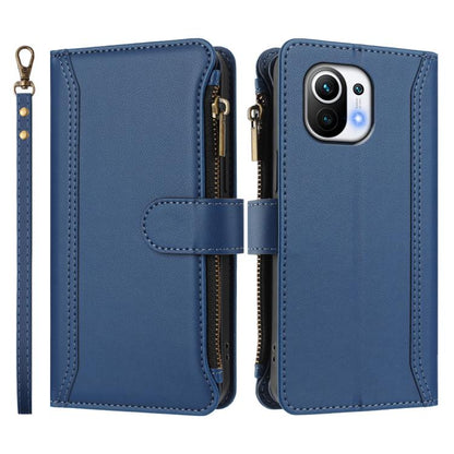 Magnetic Closure 9 Card Slots Zipper Leather Case with Hand Strap, For Xiaomi Mi 11