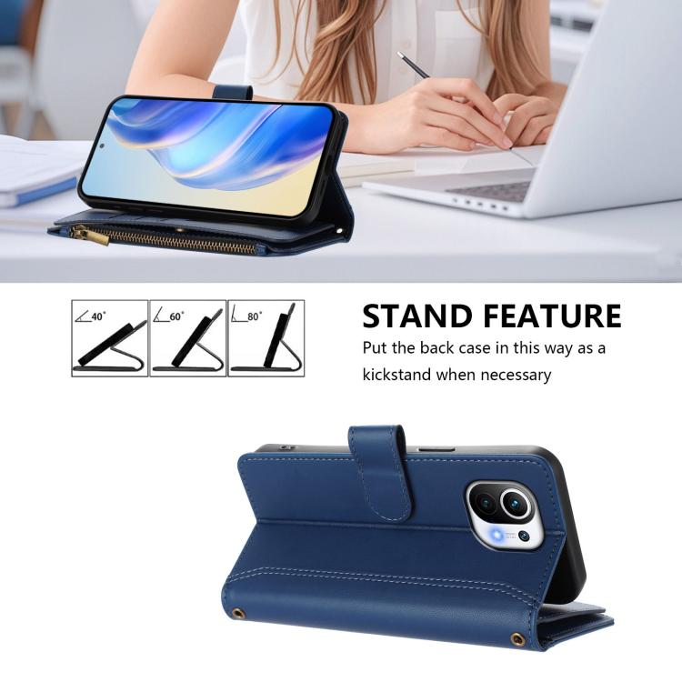 Magnetic Closure 9 Card Slots Zipper Leather Case with Hand Strap, For Xiaomi Mi 11
