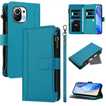 Magnetic Closure 9 Card Slots Zipper Leather Case with Hand Strap, For Xiaomi Mi 11