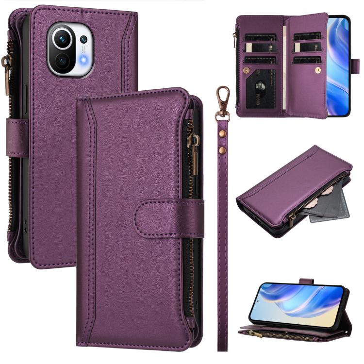 Magnetic Closure 9 Card Slots Zipper Leather Case with Hand Strap, For Xiaomi Mi 11