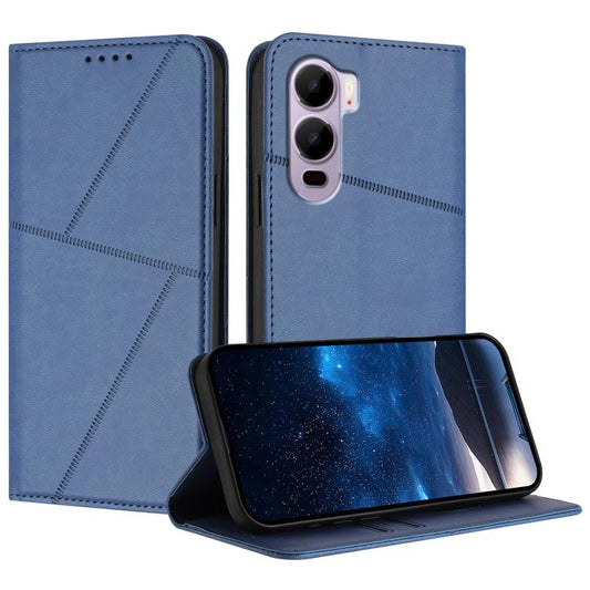 Blue leather flip phone case with magnetic closure, side stitching, and camera cutout