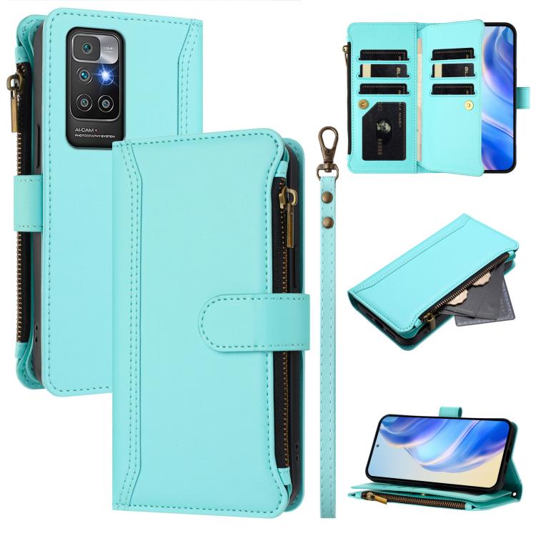 Magnetic Closure 9 Card Slots Zipper Leather Case with Hand Strap, For Redmi 10A / 9C, For Redmi 10 4G / 10 2022, For Redmi Note 10 5G / Note 10T 5G, For Redmi K40 / K40 Pro / Poco F3, For Redmi Note 10 Pro / Note 10 Pro Max