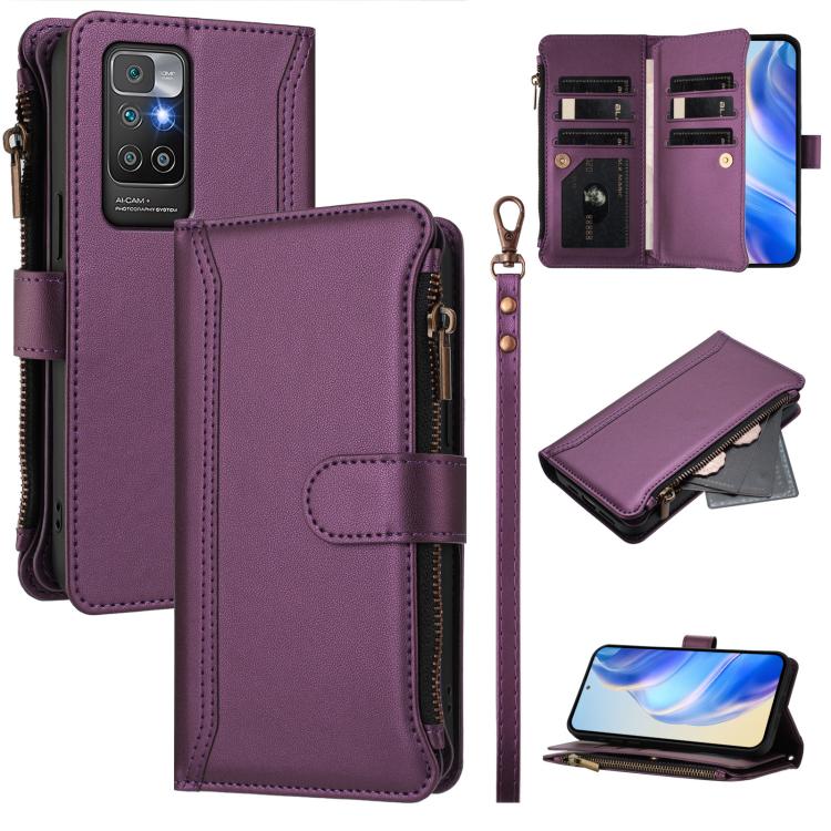 Magnetic Closure 9 Card Slots Zipper Leather Case with Hand Strap, For Redmi 10A / 9C, For Redmi 10 4G / 10 2022, For Redmi Note 10 5G / Note 10T 5G, For Redmi K40 / K40 Pro / Poco F3, For Redmi Note 10 Pro / Note 10 Pro Max