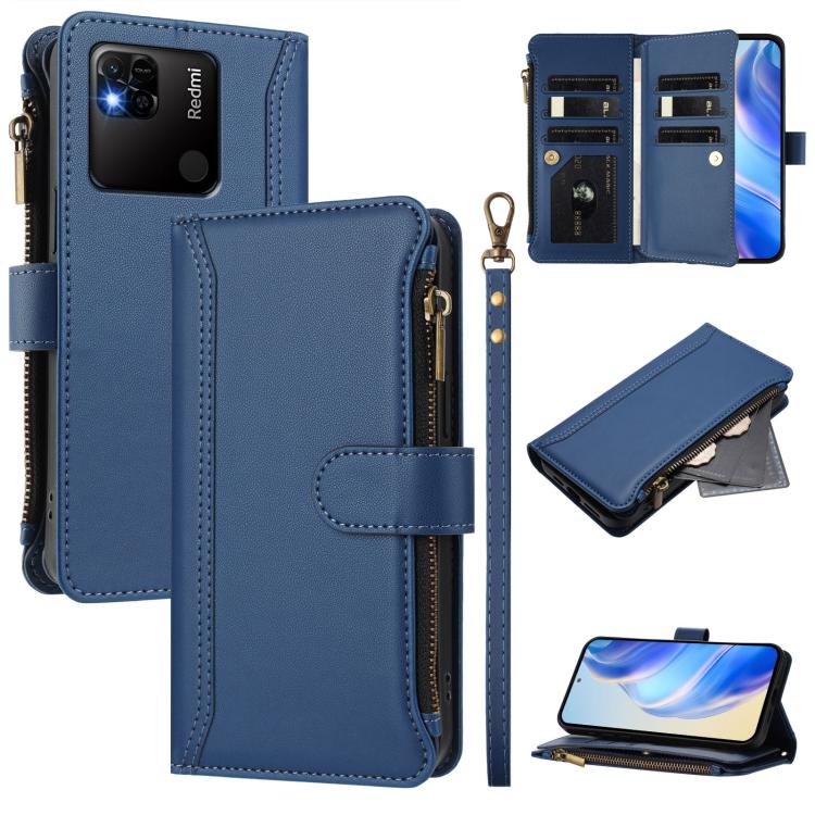 Magnetic Closure 9 Card Slots Zipper Leather Case with Hand Strap, For Redmi 10A / 9C, For Redmi 10 4G / 10 2022, For Redmi Note 10 5G / Note 10T 5G, For Redmi K40 / K40 Pro / Poco F3, For Redmi Note 10 Pro / Note 10 Pro Max