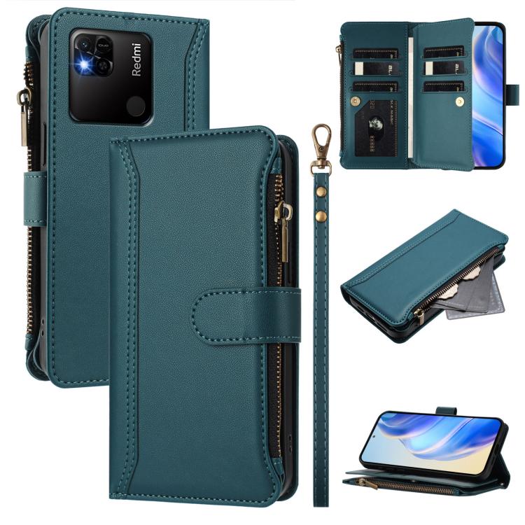 Magnetic Closure 9 Card Slots Zipper Leather Case with Hand Strap, For Redmi 10A / 9C, For Redmi 10 4G / 10 2022, For Redmi Note 10 5G / Note 10T 5G, For Redmi K40 / K40 Pro / Poco F3, For Redmi Note 10 Pro / Note 10 Pro Max