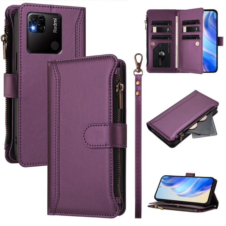 Magnetic Closure 9 Card Slots Zipper Leather Case with Hand Strap, For Redmi 10A / 9C, For Redmi 10 4G / 10 2022, For Redmi Note 10 5G / Note 10T 5G, For Redmi K40 / K40 Pro / Poco F3, For Redmi Note 10 Pro / Note 10 Pro Max