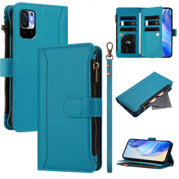 Magnetic Closure 9 Card Slots Zipper Leather Case with Hand Strap, For Redmi 10A / 9C, For Redmi 10 4G / 10 2022, For Redmi Note 10 5G / Note 10T 5G, For Redmi K40 / K40 Pro / Poco F3, For Redmi Note 10 Pro / Note 10 Pro Max