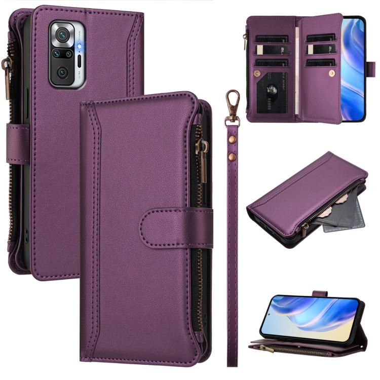 Magnetic Closure 9 Card Slots Zipper Leather Case with Hand Strap, For Redmi 10A / 9C, For Redmi 10 4G / 10 2022, For Redmi Note 10 5G / Note 10T 5G, For Redmi K40 / K40 Pro / Poco F3, For Redmi Note 10 Pro / Note 10 Pro Max