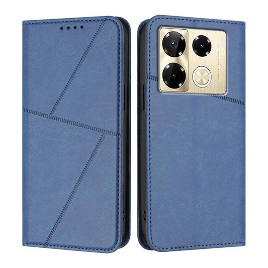 Blue magnetic flip phone case with frosted leather-look cover and stitching, front and back.